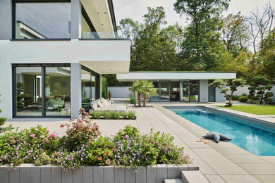 Modelo de jardín minimalista grande con exposición total al sol y adoquines de hormigón