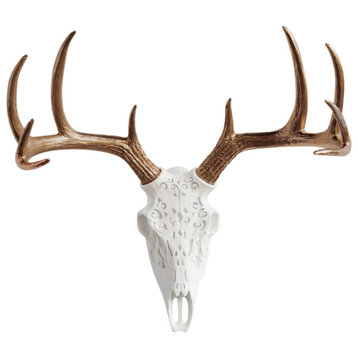 Faux Deer Skull Native American Carving Wall Decor, White and Bronze