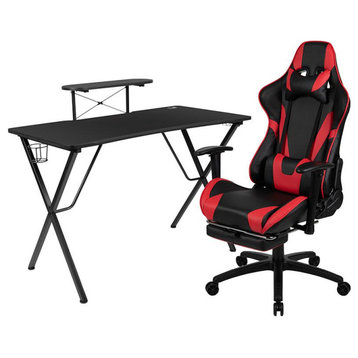 Black Gaming Desk and Red/Black Footrest Reclining Gaming Chair Set with Cup...