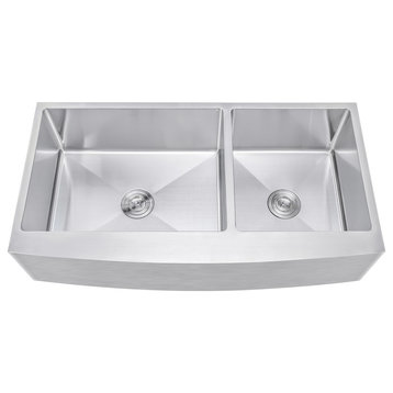 42" Curved Front Offset Double Bowl Stainless Steel Farmhouse Sink