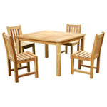 Warner Levitzson Teak Furniture - 5-piece dining set. 41" Square table and 4 Classic side chairs. - Made with solid plantation grown teak. Built with traditional mortise and tenon for lasting durability. Can be used for both commercial and residential. This 41" square table accommodate 4 people. Umbrella hole is not available. Chair is W16 x D21 x H36". Please see product specifications PDF for more information.