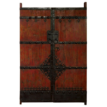 Vintage Distressed Red Chinese Temple Doors with Iron Hardware