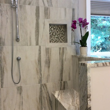 Shower Grey Porcelain Tile with Glass & Shell Mosaic
