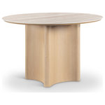 Meridian Furniture - Corvina Stone And Oak Veneer Dining Table, Natural, 46.5" W x 46.5" D, Round - With its sleek silhouette and durable construction, the Corvina travertine sintered stone and natural oak veneer dining table is a timeless investment. Its striking contrast of circular sintered stone top and wavy oak veneer base curate a unique design to elevate any space. As a focal point piece, its sophisticated design can be used in a variety of contemporary settings to blend luxury and functionality effortlessly.