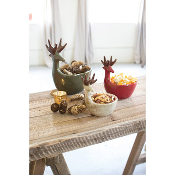 Kalalou Cdv1655 Set Of Three Ceramic Deer Bowls-One Each Color