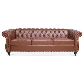 CRO Decor 84' BROWN PU Rolled Arm Chesterfield Three Seater Sofa-Brown