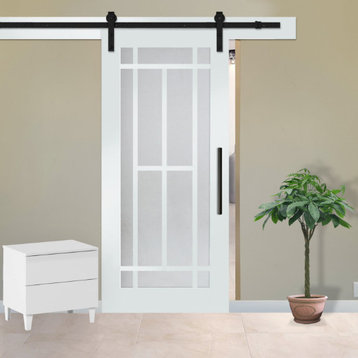 French 10 Lite Barn Door with Frosted or Textured Glass Insert, Unfinished (Prim