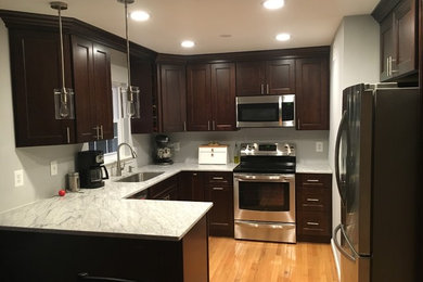 This is an example of a mid-sized transitional u-shaped eat-in kitchen in Other with a single-bowl sink, shaker cabinets, dark wood cabinets, stainless steel appliances, light hardwood floors and no island.