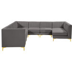 Meridian Furniture - Alina Velvet Modular U-Shaped Sectional, Grey, 8-Piece: 5 Armless Chair, 3 Corner Chair - Bring modern beauty to your space with the addition of this Alina Velvet Modular sectional. This beautiful sectional features deep channel tufting to ramp up its visual interest and add to its resilient demeanor. Its soft grey velvet upholstery blends nicely with existing elements in your room and is sleek to the touch, making this seat a super comfortable one. Part of the modular Alina collection, this sectional has a latch that attaches it to other pieces to create your custom seating arrangement.
