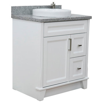 31" Single Sink Vanity, White Finish With Gray Granite With Round Sink