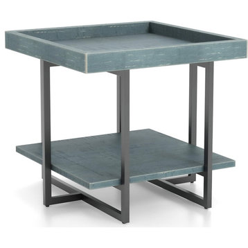Contemporary End Table, Unique Design With Shelf & Tray Shaped Top, Antique Blue