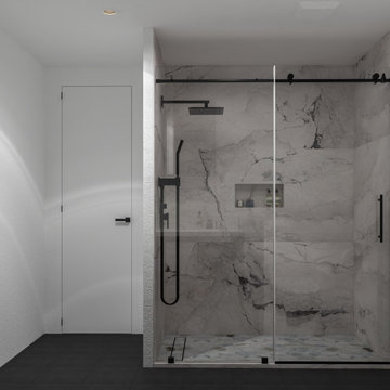 Large-Format Marble Shower & Dark Vanity Bathroom