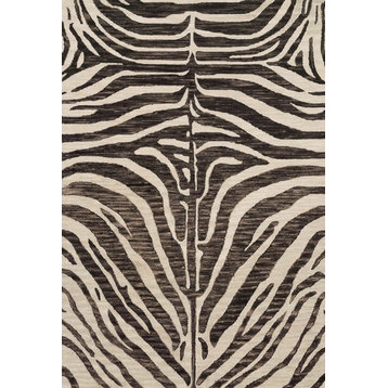 Wool Hooked Zebra Animal Print Masai MAS-01 Area Rug by Loloi, Java / Ivory, 5'x