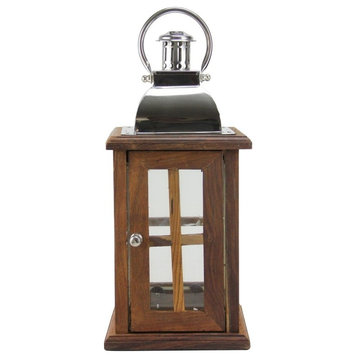 18" Modern Sheesham Wood Candle Lantern With Silver Metal Handle