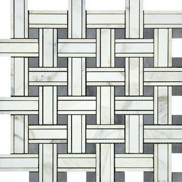 Calacatta Honed Marble Tripleweave Mosaic With Blue-Gray Dots, 10 sq.ft.