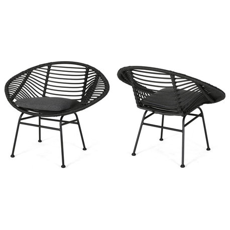 Aleah Outdoor Woven Faux Rattan Chairs With Cushions, Set of 2, Gray/Dark Gray Finish