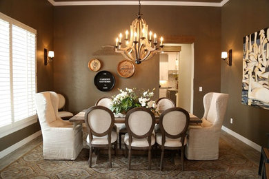 Mid-sized transitional light wood floor and brown floor enclosed dining room photo with brown walls and no fireplace