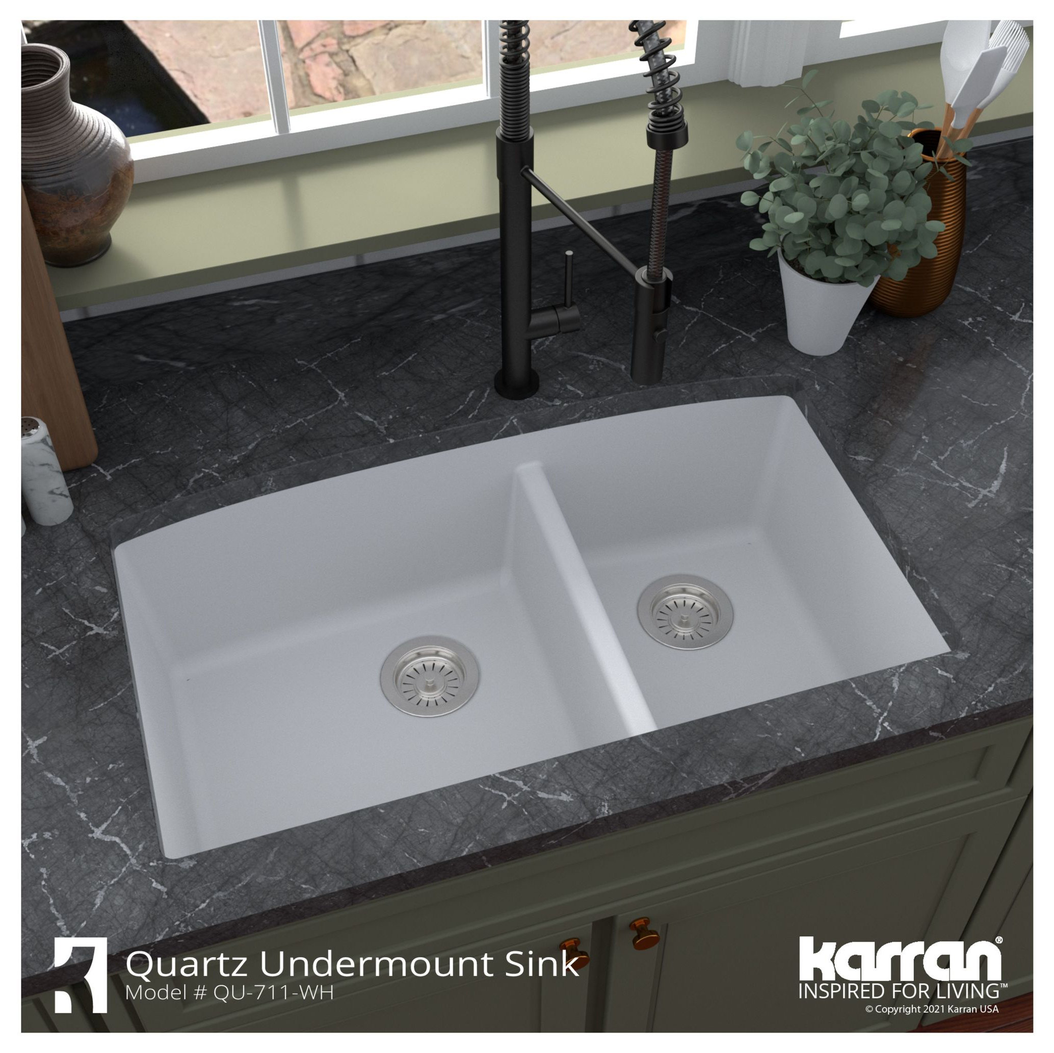 Karran Undermount Quartz 32" 60/40 Double Bowl Kitchen Sink Kit, White