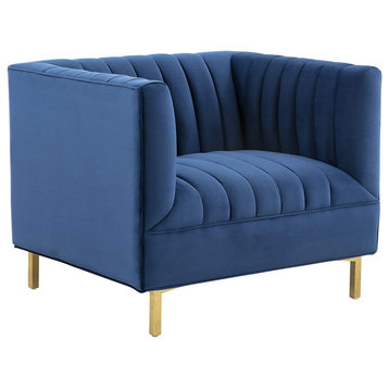 Elegant Accent Chair, Golden Legs & Square Ribbed Velvet Seat, Navy