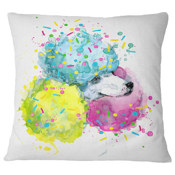 Cute White Dog With Color Spheres Contemporary Animal Throw Pillow, 18"x18"