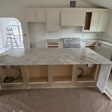 Quartz Waterfall Island with Mitered Edge – Metro Atlanta