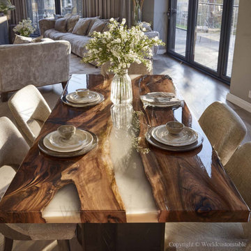 Custom Black Walnut Wood Dining Table with White Epoxy Resin