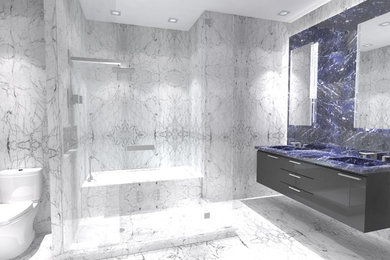 Design ideas for a mid-sized modern master bathroom in Toronto with flat-panel cabinets, dark wood cabinets, a drop-in tub, a two-piece toilet, white tile, marble, white walls, marble floors, an integrated sink, marble benchtops, white floor and a hinged shower door.