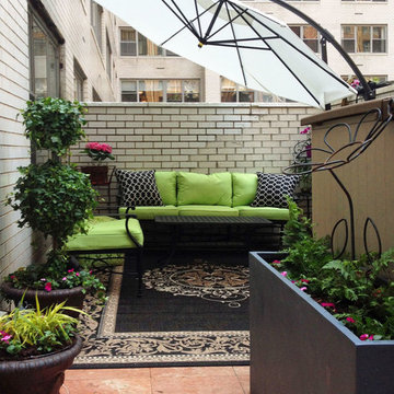 Upper West Side, NYC Patio Garden: Tile, Umbrella, Outdoor Seating, Sofa, Shade,