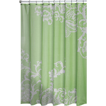Luxury Fabric Shower Curtain with Floral Pattern, Green With Champagne