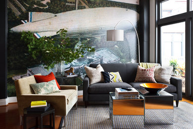 Large trendy formal and open concept concrete floor and brown floor living room photo in DC Metro with multicolored walls, no fireplace and no tv