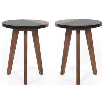 Home Square Round Accent Wood End Table in Brown Finish - Set of 2