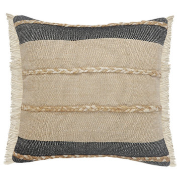 Atlantis Black and Taupe Throw Pillow with Jute Braiding and Fringe, 24" X 24"