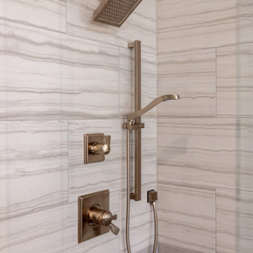 Spa Like Primary Bathroom Remodel with Warm Wood & Brass Details