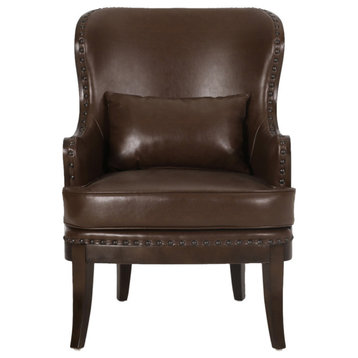 Upholstered Accent Chair With Nailhead Trim, Dark Brown, Faux Leather