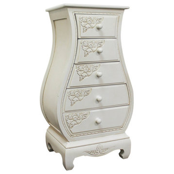 Windsor Antique White Carved Wood Five Drawer Bombay, Antique White