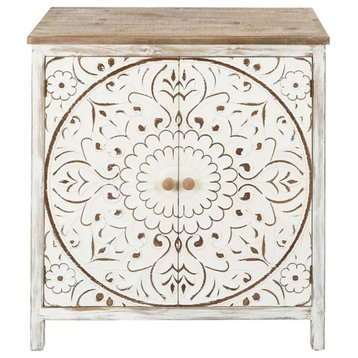 LuxenHome Distressed Floral White Wood 2-Door Storage Cabinet