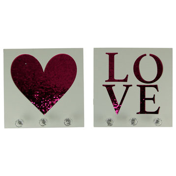 White Wood Pink Sequins Heart and Love Wall Hook Plaques 2 Piece Set