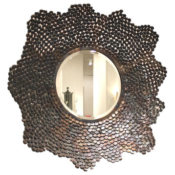 Industrial Iron Torched Metal Round Wall Mirror  Wavy Curved Rustic Minimalist