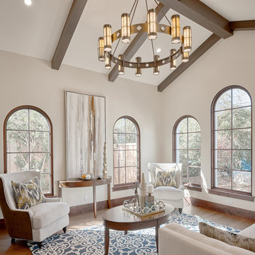 Living Room with rustic hand made beams