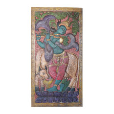 Mogulinterior - Consigned Hand Carve Vintage Fluting Krishna with his cow Panel Door Sculpture - Wall Accents