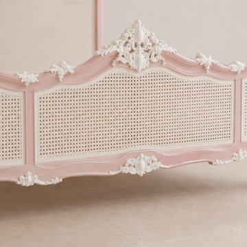 French Rococo Carved Cane Footboard | Pink French Country Luxury Bed