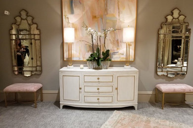 Example of a mid-sized transitional master carpeted and gray floor bedroom design in Little Rock with beige walls and no fireplace