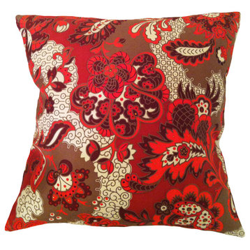 Fiore Repeat Floral Vintage Silk Print Stripe Pillow, Tango