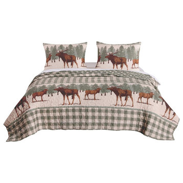 Fabric Twin Size Quilt Set with Animal and Plaid Print, Green and Brown
