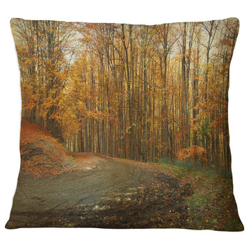 Curving Road in Autumn Forest Forest Throw Pillow, 16"x16"