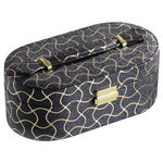 ORE international, Inc. - 3.5" Black Leather With Gold Swirl Piping Jewelry Case With Mirror Travel Case - Crafted with distinctive charm and exceptional utility, this 3.5" Black w/ Gold Swirl Piping Oval travel case is an excellent way to keep your jewelry organized while you travel. The case features beige suede lining to protect your jewelry from scrat
