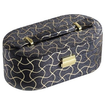 3.5" Black Leather With Gold Swirl Piping Jewelry Case With Mirror Travel Case