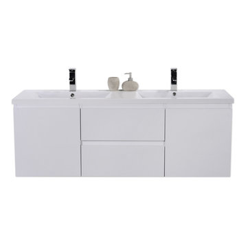 MOB 60" Double Sink Wall Mounted With Reinforced Acrylic Sink, High Gloss White