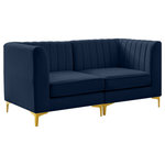 Meridian Furniture - Alina Velvet Upholstered 2-Piece Modular Sofa, Navy - Bring modern beauty to your space with the addition of this Alina Velvet Modular Sofa. This beautiful sofa features deep channel tufting to ramp up its visual interest and add to its resilient demeanor. Its soft navy velvet upholstery blends nicely with existing elements in your room and is sleek to the touch, making this seat a super comfortable one. Part of the modular Alina collection, this sofa has a latch that attaches it to other pieces to create your custom seating arrangement.