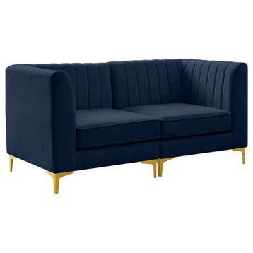 Alina Velvet Upholstered 2-Piece Modular Sofa, Navy